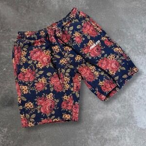 PROLIFIC Mens Floral Print Shorts Elastic Waist Drawstring Navy Red Yellow